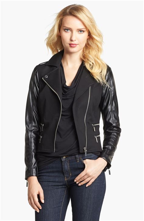 leather moto jacket michael kors|Michael Kors faux leather jacket.